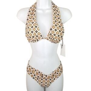 Women Brown Tan Mod Print Cheeky Bikini Swimsuit S Multi Wear Neutral Boho NEW